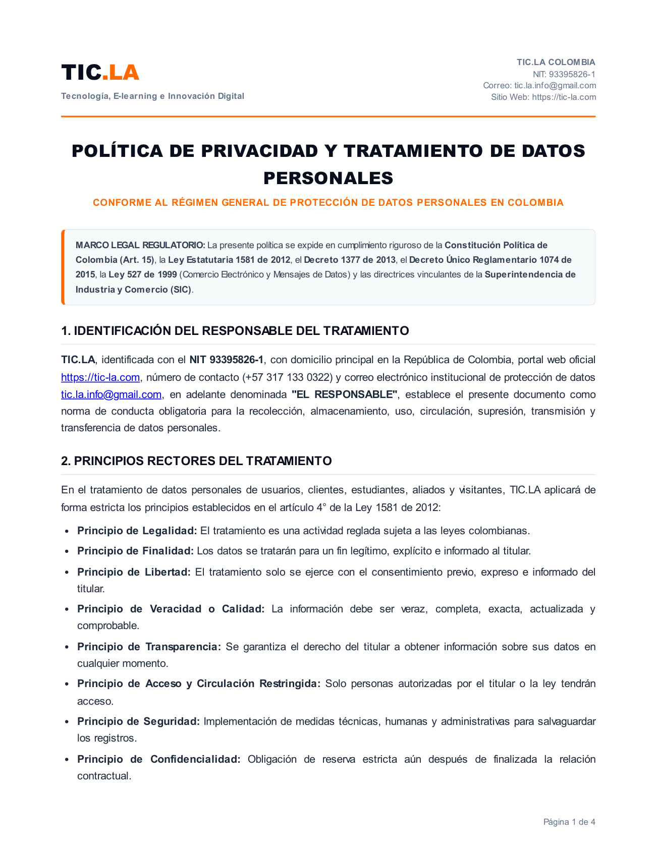 Página 1 de 4 de la Política de Privacidad y Tratamiento de Datos Personales de TIC.LA