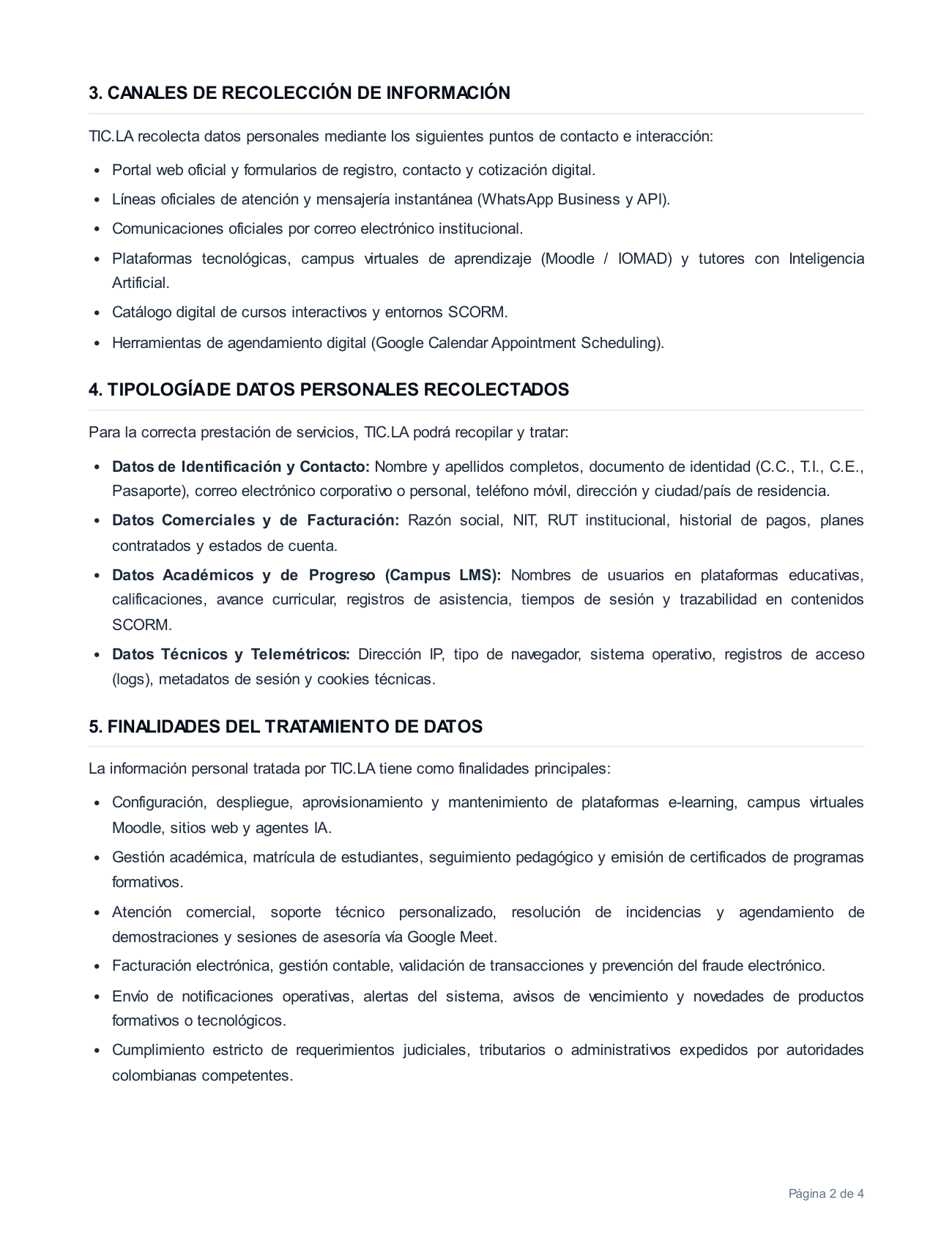 Página 2 de 4 de la Política de Privacidad y Tratamiento de Datos Personales de TIC.LA