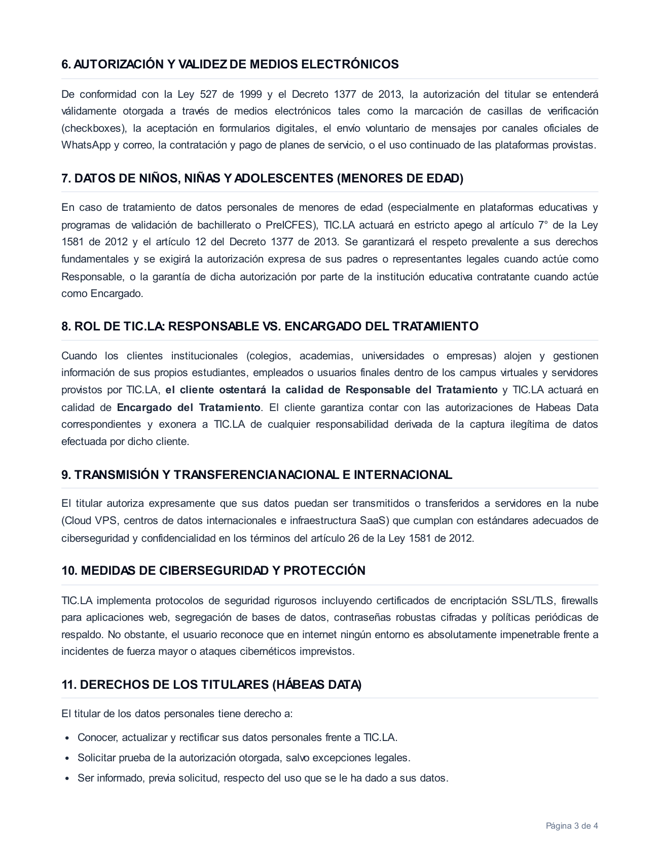 Página 3 de 4 de la Política de Privacidad y Tratamiento de Datos Personales de TIC.LA