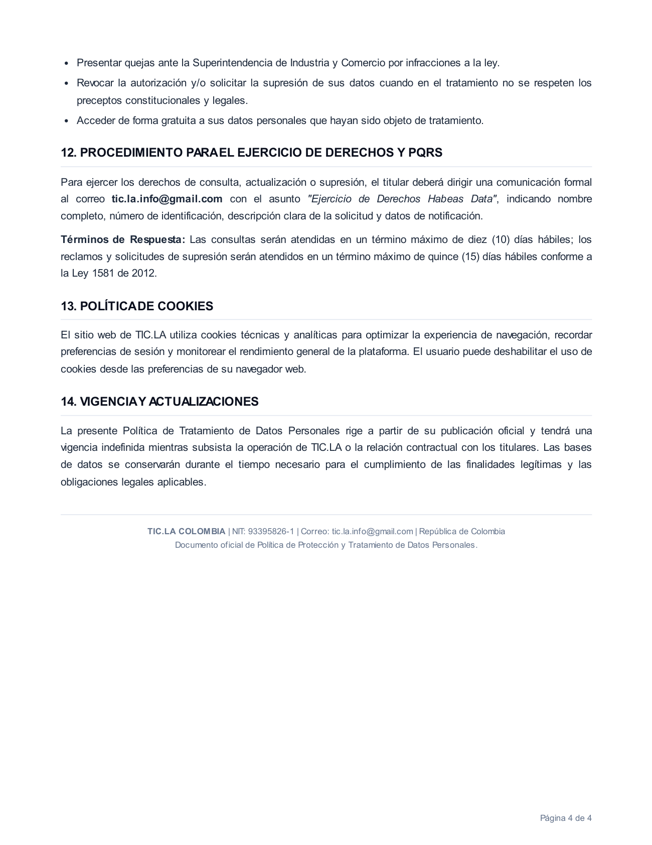 Página 4 de 4 de la Política de Privacidad y Tratamiento de Datos Personales de TIC.LA