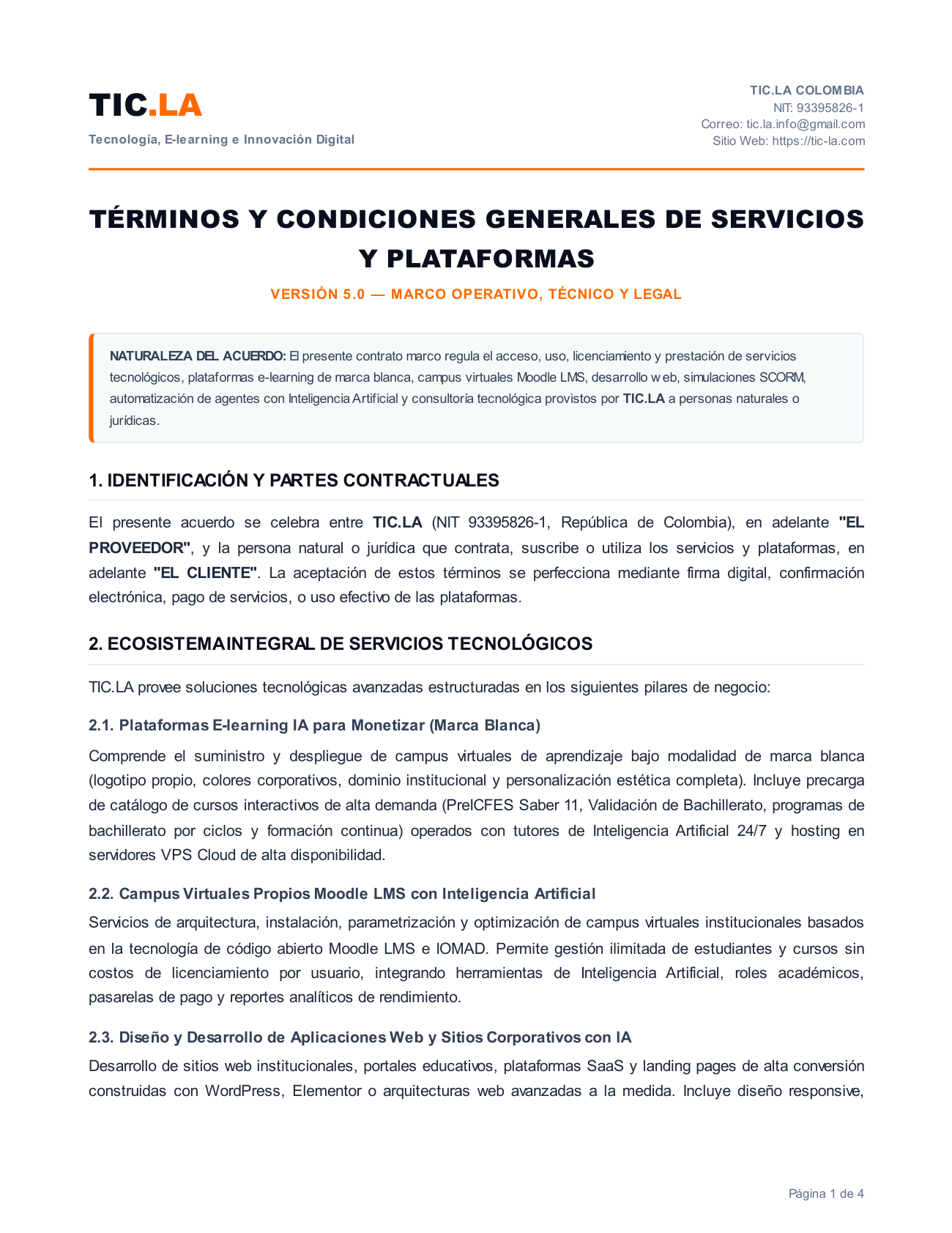 Página 1 de 4 de los Términos y Condiciones Generales del Servicio de TIC.LA
