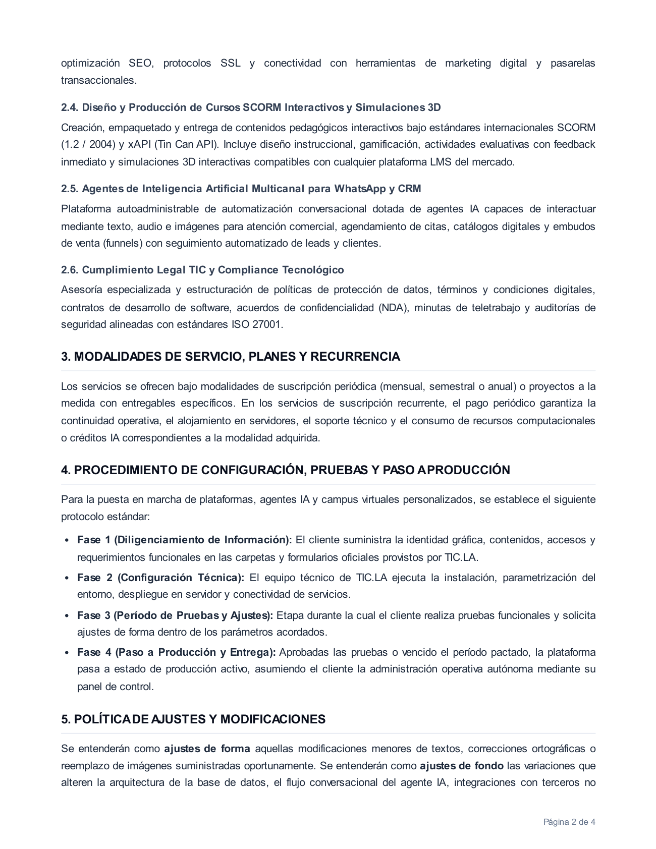 Página 2 de 4 de los Términos y Condiciones Generales del Servicio de TIC.LA