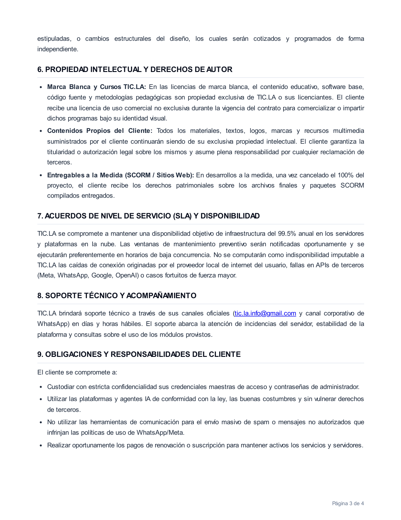 Página 3 de 4 de los Términos y Condiciones Generales del Servicio de TIC.LA