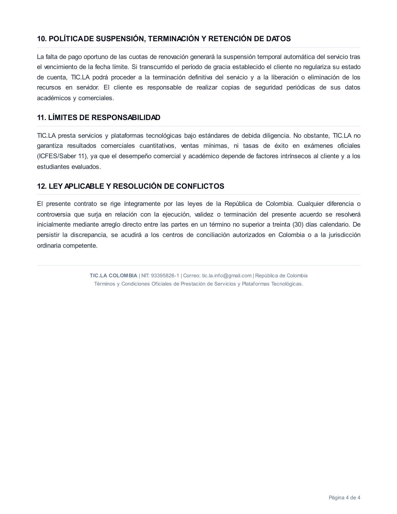 Página 4 de 4 de los Términos y Condiciones Generales del Servicio de TIC.LA