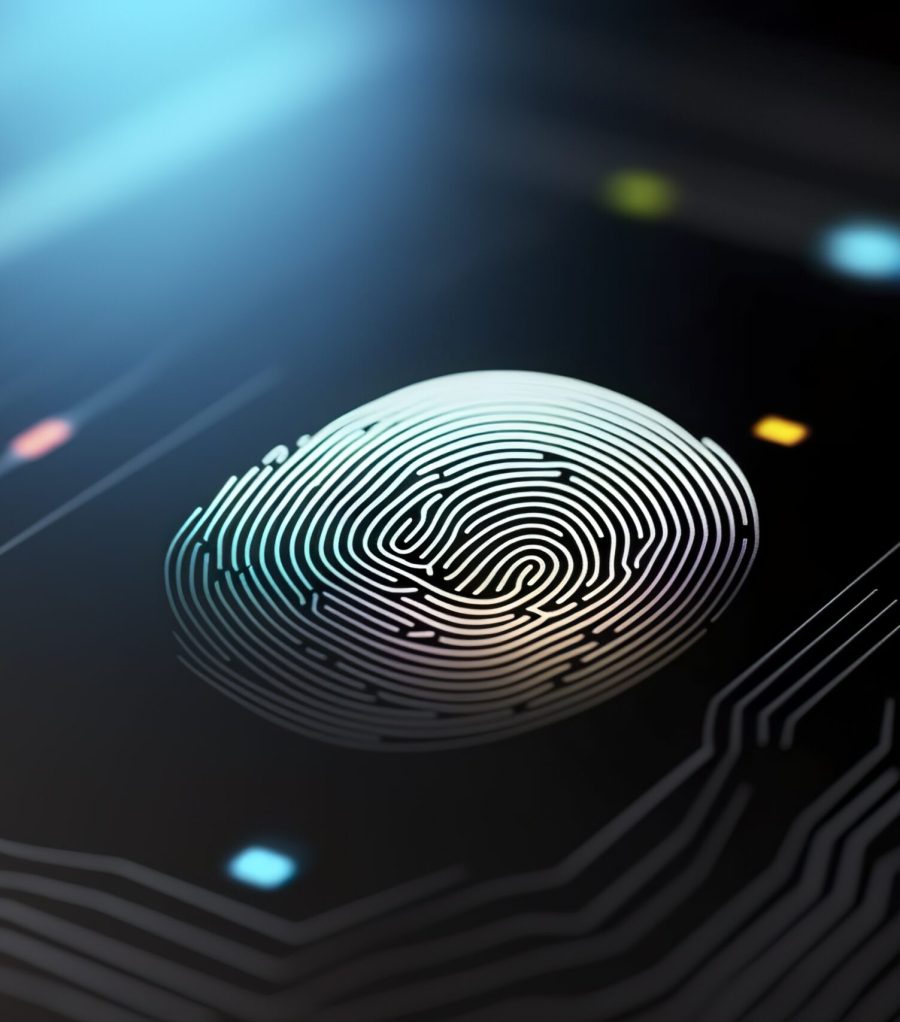 Fingerprint Authentication Button. Biometric Security. Identification and cyber security concept. Glowing neon fingerprint on dark background. AI Generative